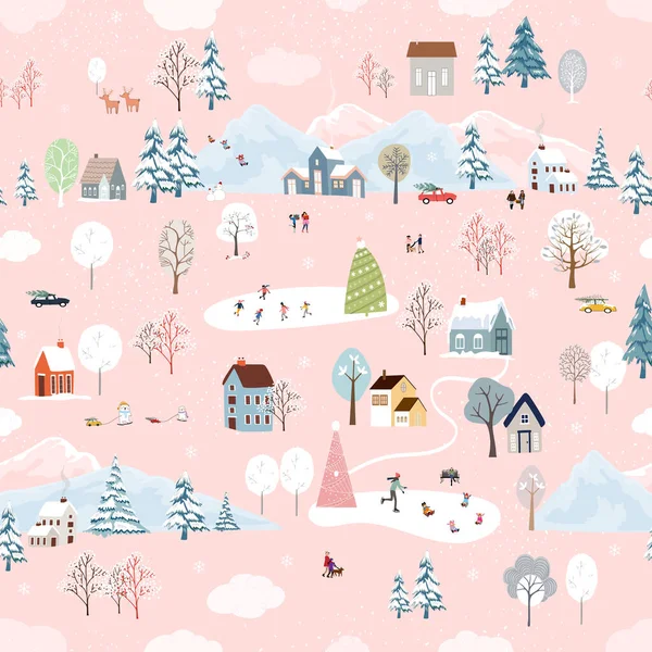 Seamless pattern Cute Christmas landscape in the town with fairy tale house,car,polar bear playing ice skate and pine tree,Vector Panorama flat design in village on Christmas eve, Holiday background