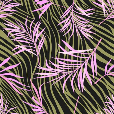 Zebra 'da pürüzsüz tropik pembe palmiye yaprakları, hayvan derisi arka planda Vektör yeşil hindistan cevizi yaprakları. Moda tekstili, giysi ve çantalar için bitmeyen bitkisel yapraklar.
