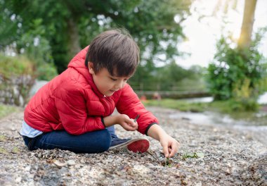 Bulanık yeşil arka planlı çakıl taşları üzerinde oturan mutlu çocuk, Chid göl kenarında yabani ot ve çakıl taşlarıyla oynayan, baharda veya yazın güneşli bir günde dışarıda oynayan sevimli genç çocuk.