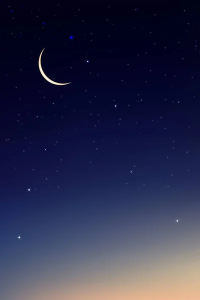 三日月と星輝く夜空 風景劇的なダークブルー 紫とオレンジスカイ 夕暮れの空と黄昏の美しいパノラマビュー ベクトルイラスト自然垂直背景 — ストックベクタ