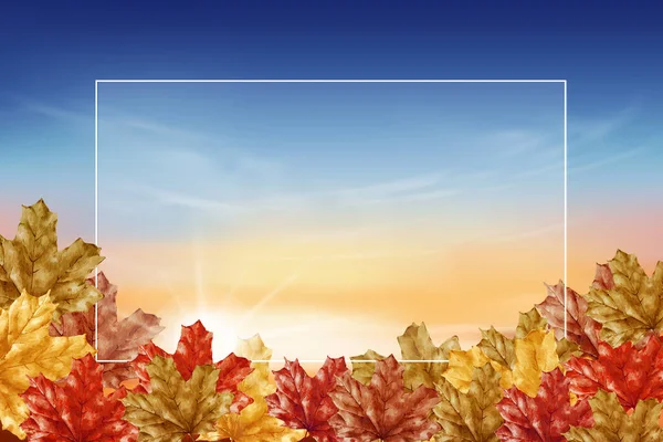 Осенний Дизайн Фона Украшен Красочными Листьями Закатом Неба Горизонтального Баннера — стоковый вектор