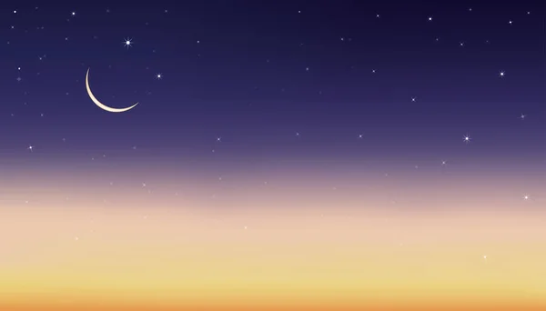 Cielo Nocturno Con Luna Media Luna Estrellas Brillantes Paisaje Dramático — Vector de stock