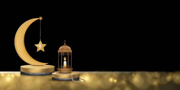 Islamisches Podium Mit Roségoldenem Halbmond Traditioneller Islamischer Laterne Rosenkranzperlen Kerze — Stockvektor