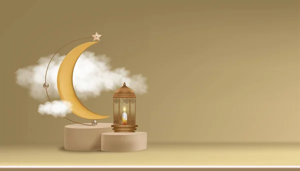 传统伊斯兰灯笼 金黄新月和星辰的3D彩灯挂在金墙背景上 伊斯兰产品展示横幅 斋月销售产品 — 图库矢量图片