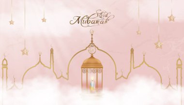 Geleneksel İslam feneri, mum, hilal ay ve yıldızlı İslami tebrik kartı tasarımı altın cami geçmişi, Ramazan Kareem için Müslüman Vektör dinleri, Kurban Bayrağı