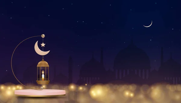 Podium Dengan Tradisional Islam Lentera Lilin Pink Emas Bulan Sabit - Stok Vektor
