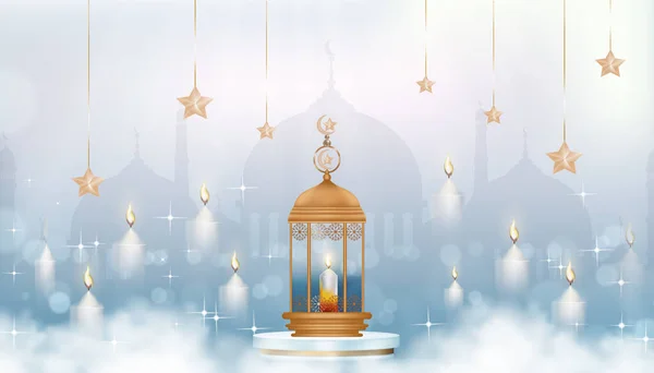 Diseño Tarjetas Felicitación Islámica Con Linterna Islámica Tradicional Vela Luna — Archivo Imágenes Vectoriales
