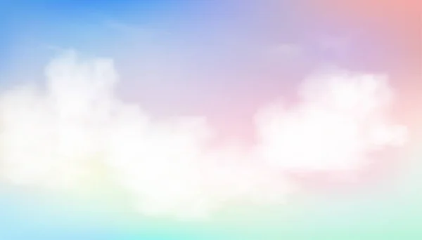 スカイパステルブルー ピンク パープル グリーン オレンジ イエローでカラフルな朝のふわふわの雲 春や夏のファンタジー魔法の日没の空 季節販売のためのベクトル甘い背景バナー — ストックベクタ