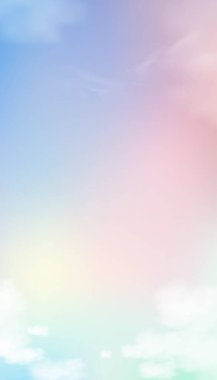 Gökyüzü Pastel Mavili, Pembe, Mor, Yeşil, Turuncu ve Sarı sabah kabarık bulutlu, bahar veya yaz aylarında büyülü günbatımı gökyüzü, mevsimsel satışta Vector Dikey tatlı arka plan afişi