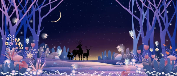 Noel gecesi sihirli ormanda uçan ve ren geyikleriyle oynayan küçük fantezi perileri, Kış Harikalar Diyarı 'nın Vector çizim manzarası.