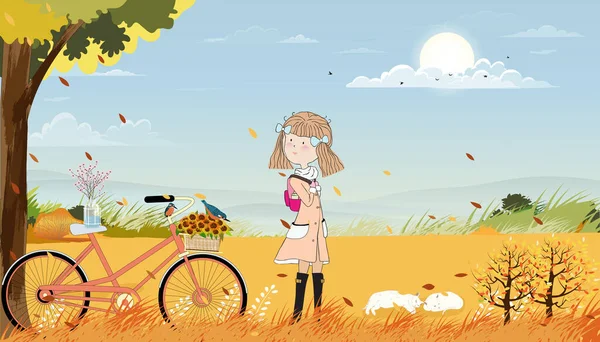 Χαρούμενη Κοπέλα Φορώντας Παλτό Περπάτημα Στο Πεδίο Φθινόπωρο Φύλλα Σφενδάμου — Διανυσματικό Αρχείο