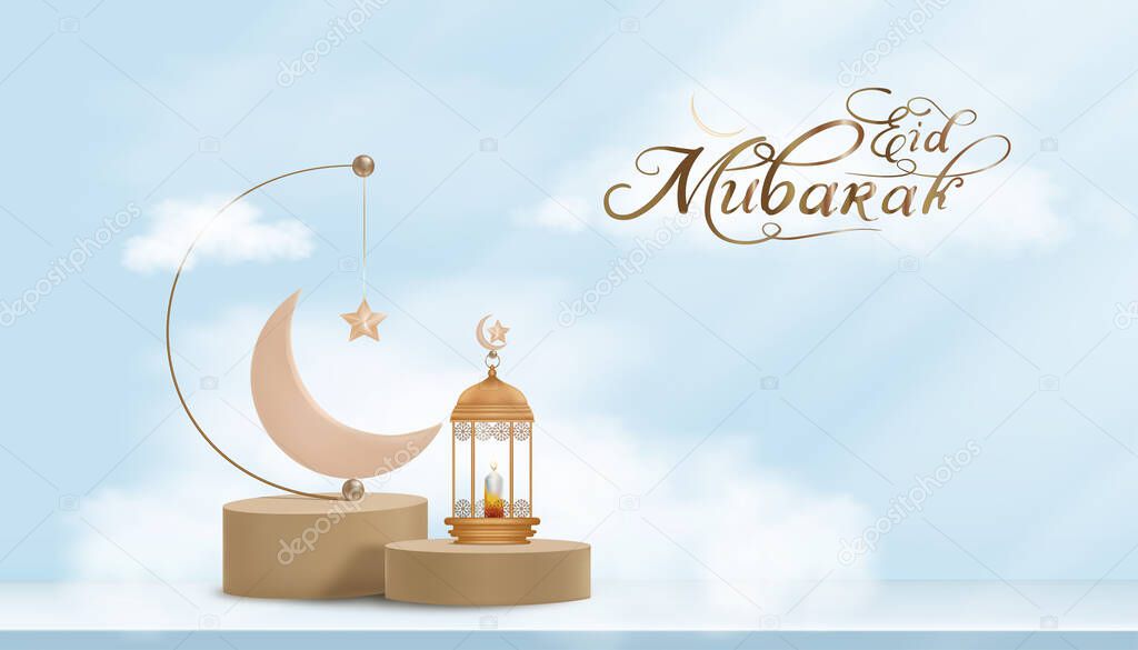 Traditional Islamic lantern with fluffy cloud, pink gold Crescent moon and Star hanging onblue sky background,Vector religions symbolic of Muslim for Ramadan Kareem, Eid Mubarak banner