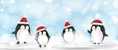 Noel ve Yeni Yıl tebrik kartı içinde dört takım şirin penguen var. Kırmızı Noel şapkalı komik penguen karakteri karda buz pateni oynuyor, Horizon Holiday pankartı.