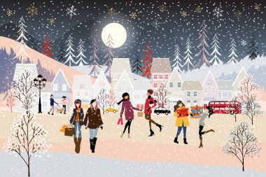 Şehirde kış manzarası var. Yeni yılda insanlar parkta eğleniyor. Vektör illüstrasyonu. Noel tatilinde şehir hayatı. İnsanlar kutlama yapıyor. Kadınlar şehre alışverişe gidiyor.