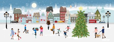 Geceleri insanların parkta eğlendiği kışın manzarası, Vector illüstrasyonu. Noel tatillerinde şehir manzarası, insanlar kutlama yapıyor, çocuk buz pateni oynuyor, kadınlar şehirde alışveriş yapıyor.