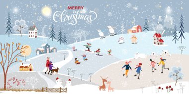 Panorama Kış Gecesi, Noel ve yeni yıl kutlamaları köyde mutlu çocuklarla kayak yapan erkek ve kız çocukları kış parkında buz pateni oynarken, tepede kayak yapan gençler