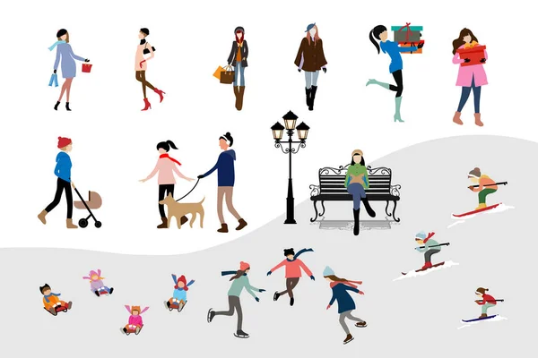 Set Personajes Invierno Con Gente Diminuta Divirtiéndose Actividades Aire Libre — Vector de stock