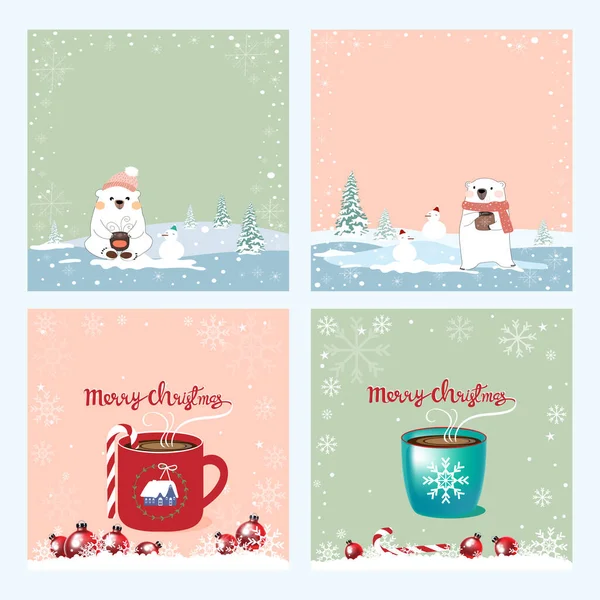 크리스마스와 초대장의 뜨거운 초콜릿 커피를 곁들인 귀여운 북극곰 눈송이 모양의 — 스톡 벡터