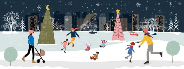 Панорама Зимний Пейзаж Рождество Новый Год Отмечается Городе Вектор Горизонтального — стоковый вектор