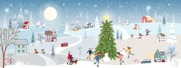 Wunderbare Weihnachtslandschaft Der Stadt Mit Märchenhaus Eisbär Beim Schlittschuhlaufen Park — Stockvektor
