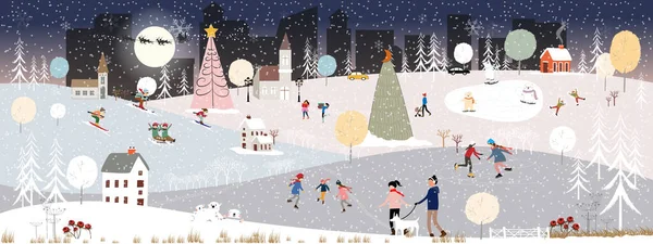 Geceleri kış manzarası, yeni yılda açık havada eğlenen insanlar, Noel tatilinde Vector şehri manzarası kutlanan insanlar, buz pateni oynayan çocuklar, kayak yapan gençler.