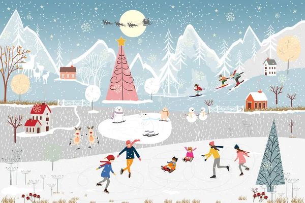 冬天的风景 人们在圣诞夜在村子里欢庆的病媒横幅 男孩和女孩玩溜冰鞋 男孩和女孩坐在冬季公园的雪板上 青少年在山上滑雪 — 图库矢量图片