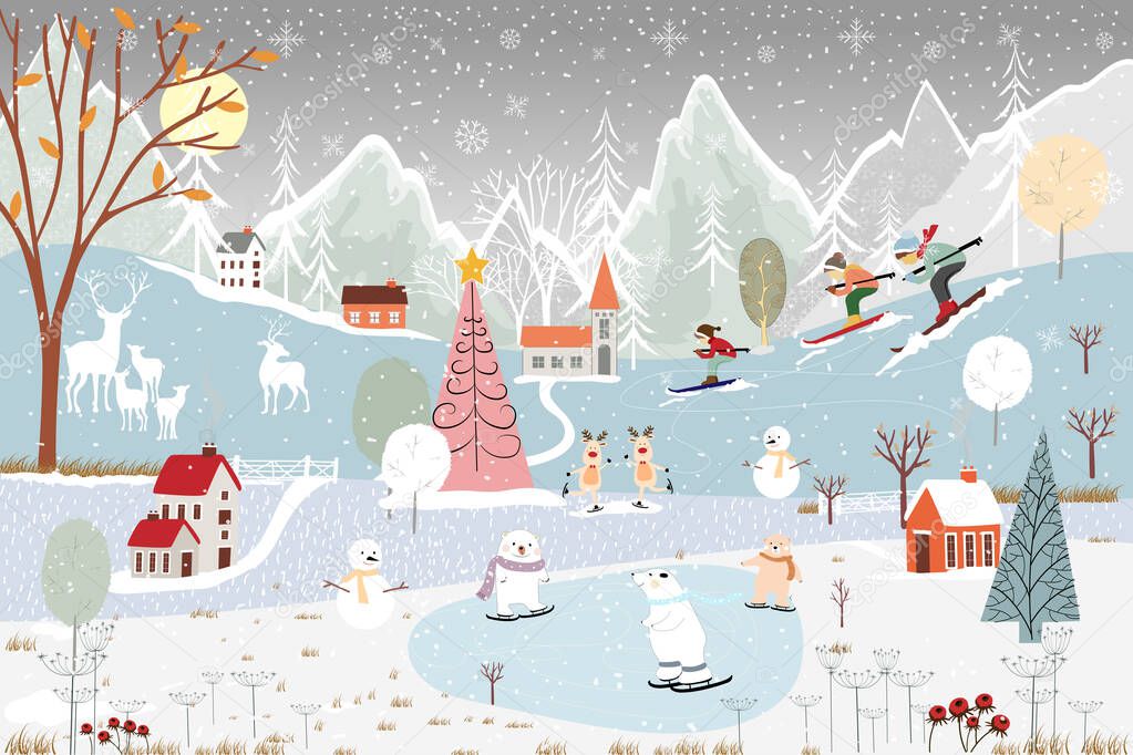 Illustrator winter landscape,Vector of horizontal banner of winter wonderland at countryside with snow covering, polar bear playing ice skates in the winter park and family skiing on the mountain