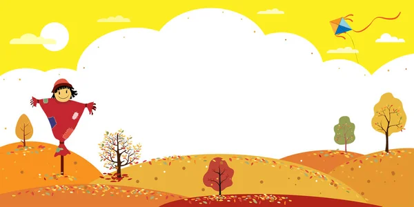 Autumn landscape forest trees and cute cartoon smiling scarecrow standing on hills,Vector Mid autumn field with leaves falling on ground in orange foliage. Backdrop wonderland banner in fall season