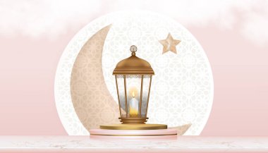 Mübarek Mübarek 'in Kurban Bayramı' nda Hilal Ay ve Yıldız arkaplanlı, podyumda mum. Müslüman Sembolik Din Arkaplanı Kurban iftarı, Ramazan Kareem