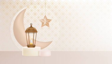 Bayram Mübarek 'in geleneksel İslam feneri, Candle, Hilal Ay ve Yıldızı' nın podyumda asılı olduğu arkaplan tasarımı mübarek. Kurban Bayramı için vektör arkaplan Ramazan Kareem