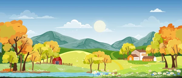 Wiosenny Krajobraz Miejscowości Zieloną Łąką Wzgórzach Niebieskim Niebem Chmurami Wektor — Wektor stockowy