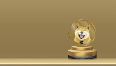 Altın DOGE altın sikkesi Silindir üzerinde dijital kripto duruşu sarı altın zemin ve duvar, Vector Minimal Podyum Ekranı üzerinde Shiba Inu köpeğinin 3 boyutlu yüzü, sembol dijital ödeme sistemi engelleme zinciri 