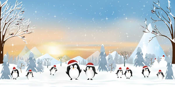 Winter wonderland landscape at arctic ocean with penquin family playing ice skating and standing on ice edge with snowing. Cute animals banner for New Year and Merry Christmas greeting card