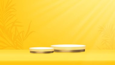 Sarı Arkaplan Odası Stüdyosu 'ndaki Altın Silindir Podyumu, Daire Vitrinli Sarı Galeri Odası, Ürünlerin tanıtımı için Vektör 3D minimal tasarım arkaplan pankartı 