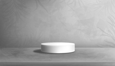 Stüdyo odasının Beton zemininde, gri çimento duvar dokusu arka planında palmiye yaprakları olan beyaz bir podyum. Vektör 3 boyutlu holizon galeri afişi ürün sunumları için kopyalama alanı ile