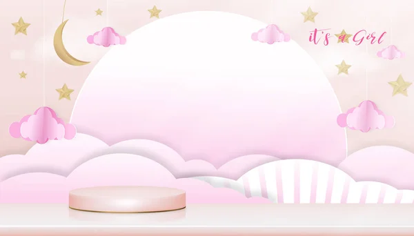 粉红背景男婴淋浴卡片的矢量 可爱纸艺术抽象折纸云彩 粉色天空和3D讲台上的新月形月亮和星星 带有婴儿照片复制空间的剪纸 — 图库矢量图片