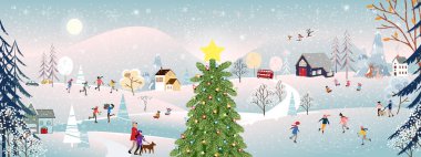 Kasabada peri masalı evi olan Harikalar Diyarı Noel manzarası, parkta buz pateni oynayan çocuklar, 2022 yılbaşı arifesinde insanların eğlendiği şehirde kış manzarası.