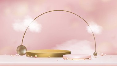 Vector 3D Stüdyo odası, fütüristik rastgele toplar, bulut ve silindir podyum ürün sunumu için kozmetik veya spa, galeri odası bulanık kabarcıklar üzerinde altın ekran pastel küreler arka grup