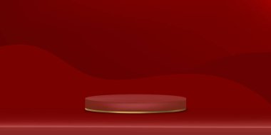 Kırmızı 3d Poduim silindir stüdyo odası, Sahne kaidesi platformlu Kırmızı Galeri odası, Yılbaşı veya Çin Yeni Yıl sunumu için minimum tasarım kullanımı