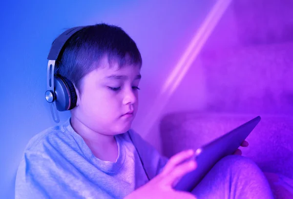 Cinematic Portrait Young Boy Wearing Headphone Listening Music Neon Lighted — Stock Photo, Image