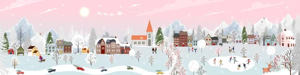 冬天的仙境背景在夜晚 人们在城市里欢度新年 圣诞节在村子里和人们一起庆祝 孩子们在滑冰 孩子们在山上滑雪 — 图库矢量图片