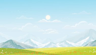 Tepelerde yeşil çayır, mavi gökyüzü, pofuduk bulutlar ve güneş, çimen tarlası ve kır çiçekli köy taşıyıcı çizgi film afişi güneşli yaz, tatil doğal arka plan