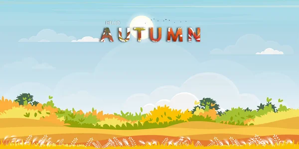 Hello Autumn Фон Природным Лесным Ландшафтом Травяным Полем Горками Векторная — стоковый вектор