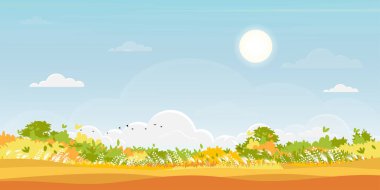 Merhaba güz arkaplanı çimen tarlası ve tepeleri olan doğal orman manzarası, tepelerde çayır ve güneşli bir günde mavi gökyüzü olan Vector doğa, sonbahar sezonu için Flat sanat karikatürü tarzı.
