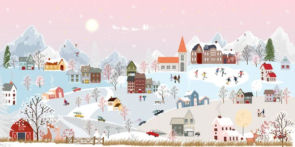 Invierno Maravilla Paisaje Fondo Por Noche Con Gente Divirtiéndose Ciudad — Vector de stock