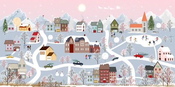 Kış Harikalar Diyarı 'nın arka planında geceleri şehirde eğlenen insanlar, insanların kutladığı bir Noel günü, buz pateni oynayan çocuklar, dağda kayak yapan gençler.