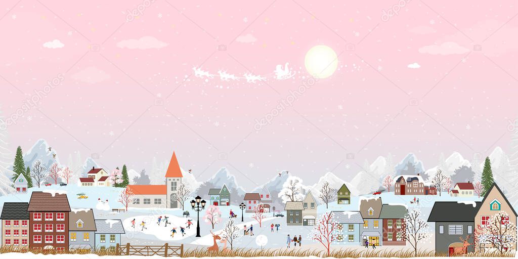Winter wonderland landscape background at night with people having fun in the city on new year,Christmas day in village with people celebration, kids playing ice skate, teenager skiing on mountain