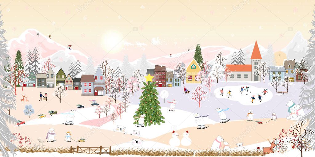 Merry Christmas or Happy New year 2022 greeting card with Winter night wonderland landscape background with people and polar bear having fun in the city park on new year.Cute Vector banner for kids