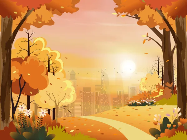 秋天的风景 城市公园 粉色的 橙色的天空 病媒在秋天的时节 在城市的黄昏 城市的风景 草场和自然花园的花朵上 画着可爱的卡通画 — 图库矢量图片