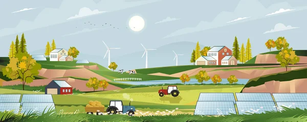 Yeşil enerji, güneş evi ve yel değirmeni gücü olan köyde çevre dostu, hasat edilen tarlada tarım çiftliği, traktör, ahır, kırsal alanda inekler. Çevre dostu çizgi film.